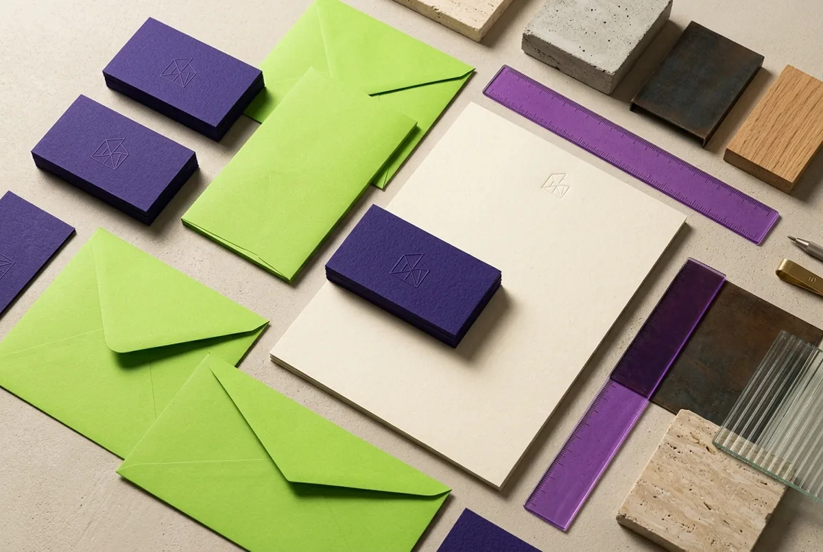 AI-generated purple and lime stationery identity concept