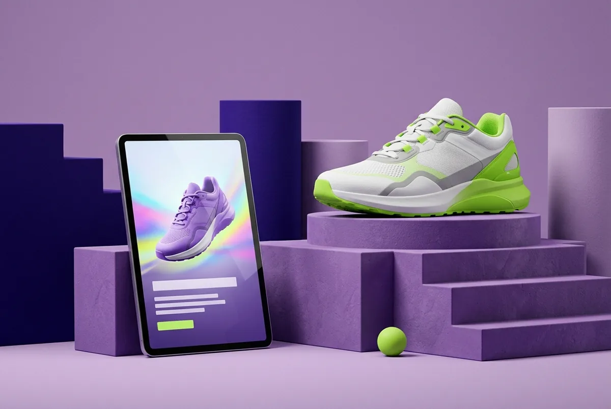 AI-generated sneaker advertising concept with tablet mockup